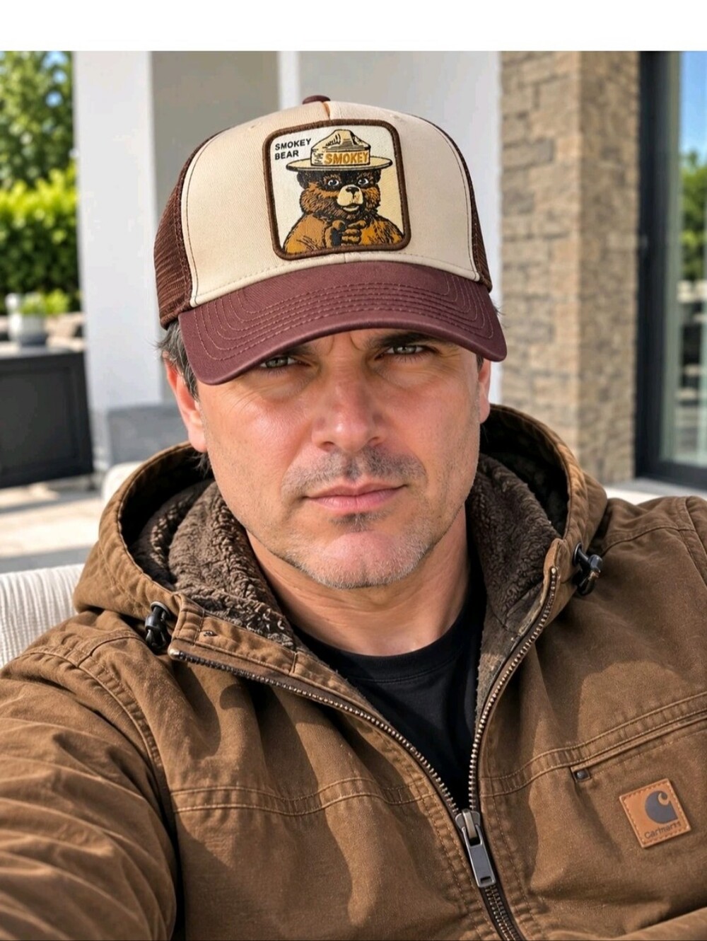 SMOKEY BEAR Brown Fabric Patch Mesh-Back Cap Hat Adjustable Snap Back